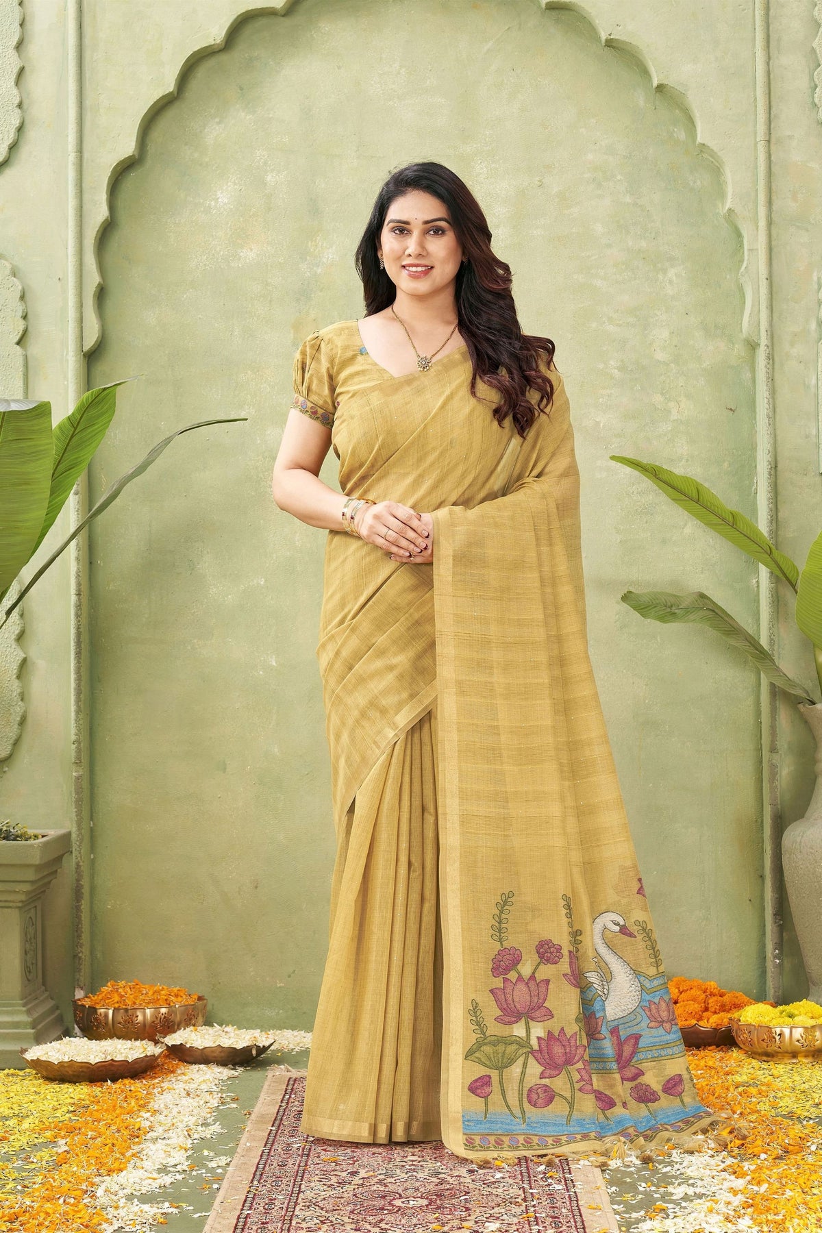 Amazing Mustard Yellow Ghicha Cotton Woven Swan Lotus Designer Saree for Women