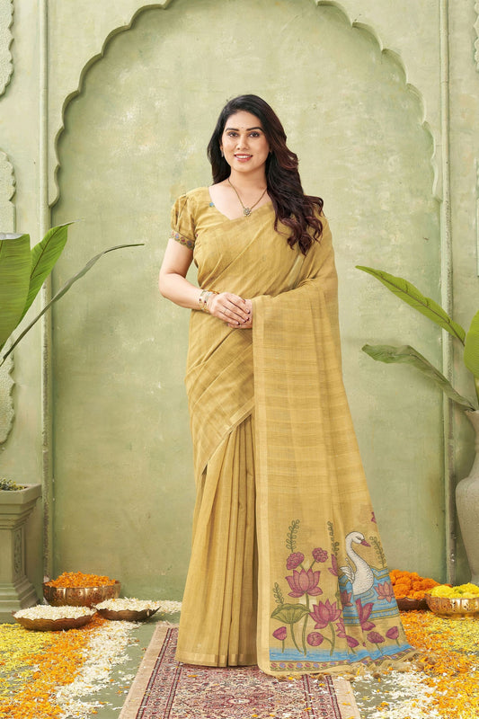 Amazing Mustard Yellow Ghicha Cotton Woven Swan Lotus Designer Saree for Women