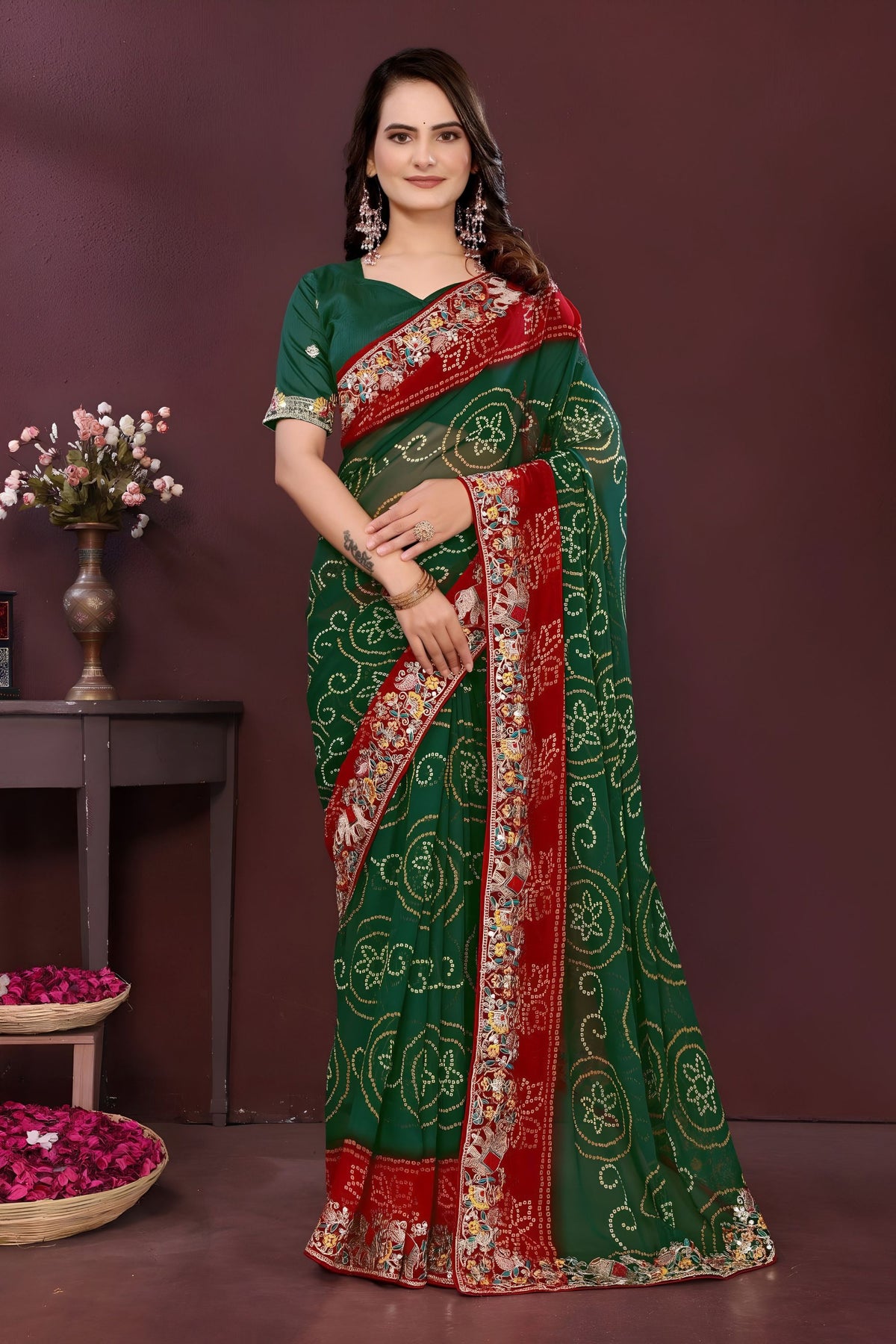 Premium Bottle Green Georgette Digital Print Saree with Embroidery Work for Women