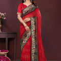 Stylish Red Georgette Digital Print Saree with Embroidery Work for Women