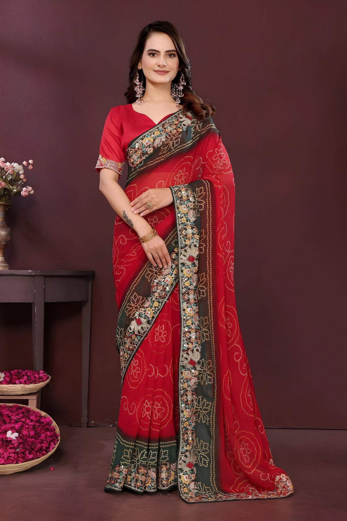 Stylish Red Georgette Digital Print Saree with Embroidery Work for Women