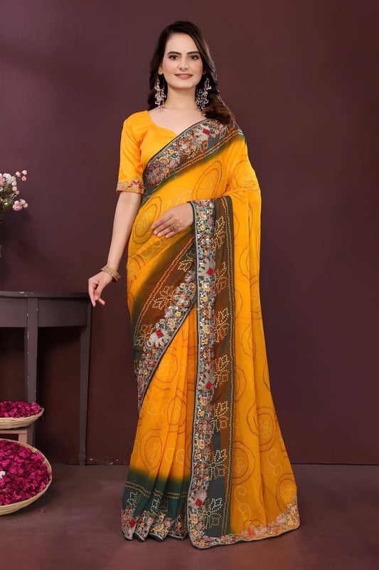 Wonderful Mustard Yellow Georgette Digital Print Saree with Embroidery Work for Women