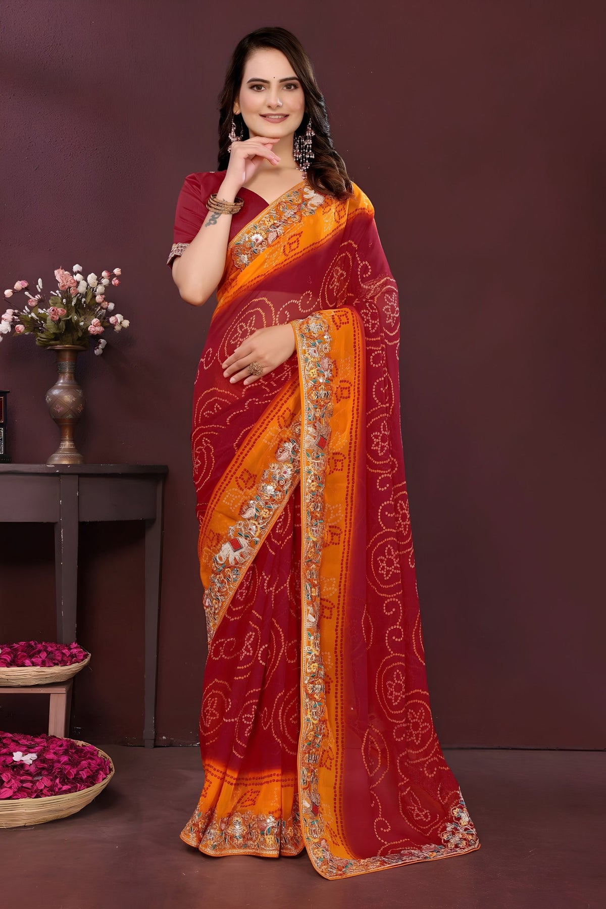 Lovely Maroon Georgette Digital Print Saree with Embroidery Work for Women
