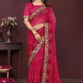 Beautiful Rani Pink Georgette Digital Print Saree with Embroidery Work for Women
