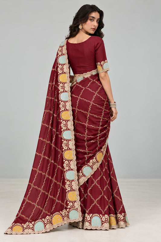 Elegant Maroon Satin Chiffon Saree with Embroidery and Cutwork Work Aarco Border for Women