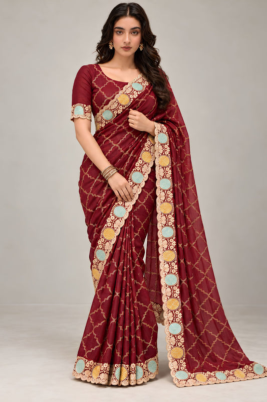 Elegant Maroon Satin Chiffon Saree with Embroidery and Cutwork Work Aarco Border for Women