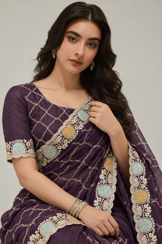 Stylish Purple Satin Chiffon Saree with Embroidery and Cutwork Aarco Border for Women