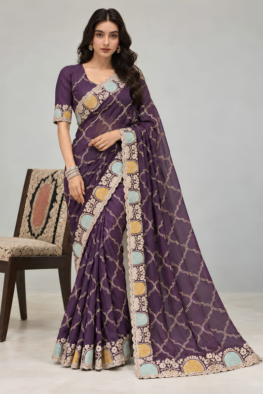 Stylish Purple Satin Chiffon Saree with Embroidery and Cutwork Aarco Border for Women