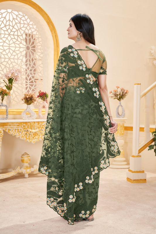 Elegant Dark Green Butterfly Net Saree Thread Embroidery and Stone Work for Women