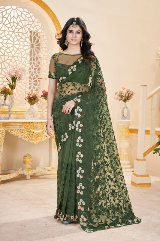 Elegant Dark Green Butterfly Net Saree Thread Embroidery and Stone Work for Women
