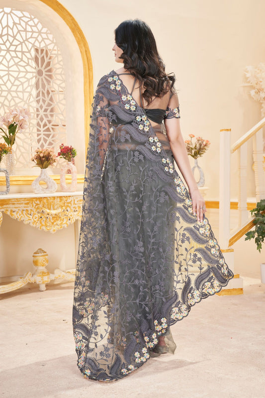 Stylish Charcoal Grey Butterfly Net Saree Embroidery and Stone Work for Women