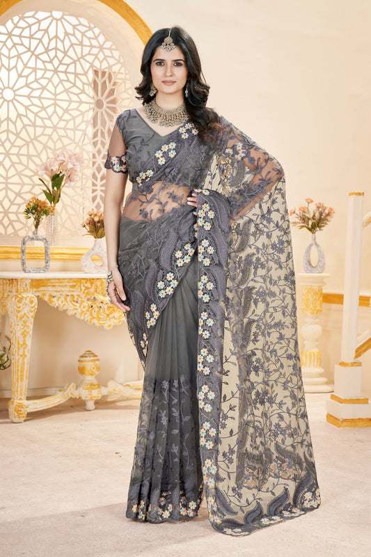 Stylish Charcoal Grey Butterfly Net Saree Embroidery and Stone Work for Women