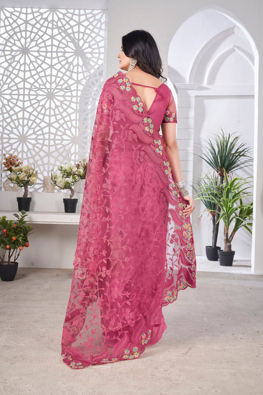 Beautiful Rani Pink Butterfly Net Saree Embroidery and Stone Work for Women