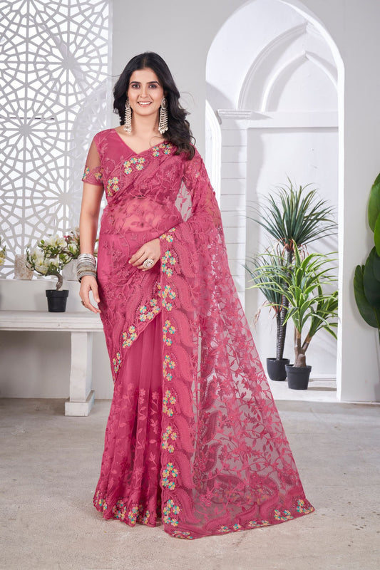 Beautiful Rani Pink Butterfly Net Saree Embroidery and Stone Work for Women