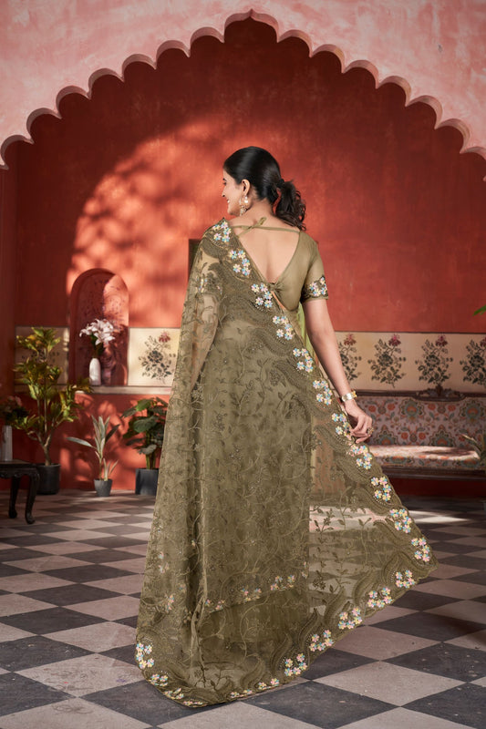 Elegant Olive Green Butterfly Net Saree with Embroidery and Stone Work for Women