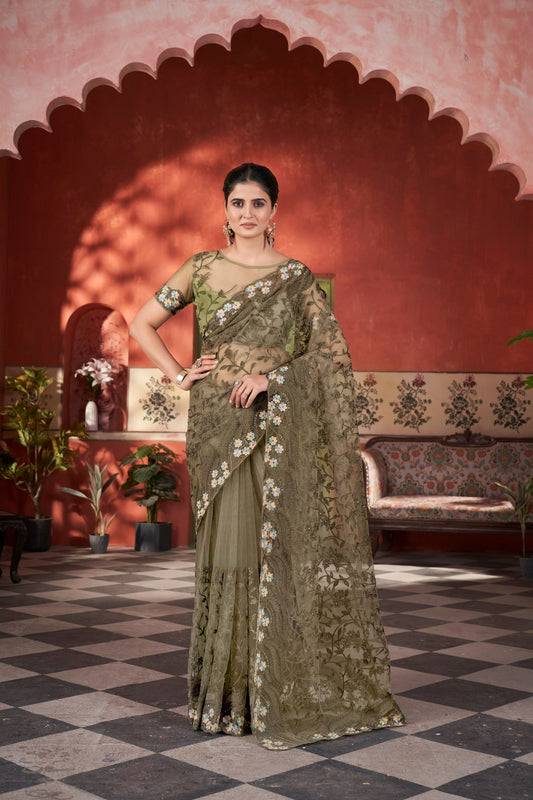 Elegant Olive Green Butterfly Net Saree with Embroidery and Stone Work for Women