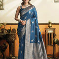 Elegant Steel Blue Soft Silk Woven Jacquard Designer Saree for Women