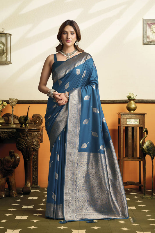 Elegant Steel Blue Soft Silk Woven Jacquard Designer Saree for Women