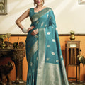 Sophisticated Teal Blue Soft Silk Woven Jacquard Designer Saree for Women