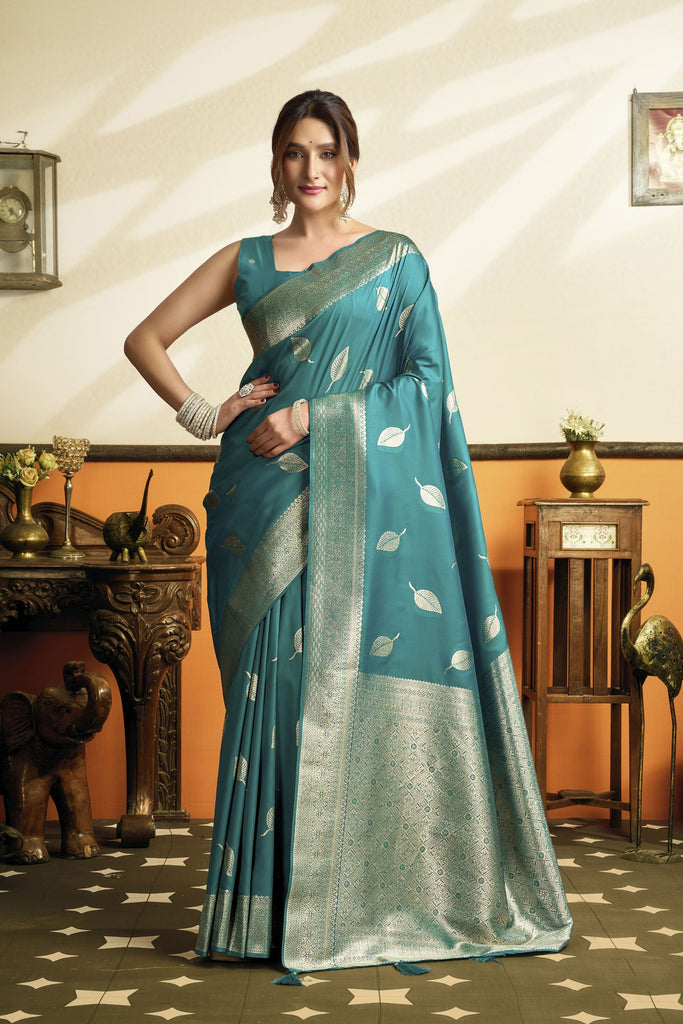 Sophisticated Teal Blue Soft Silk Woven Jacquard Designer Saree for Women