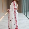 Elegant White Soft Georgette Saree with Red Floral Embroidery and Cutwork Border for Women