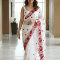 Elegant White Soft Georgette Saree with Red Floral Embroidery and Cutwork Border for Women