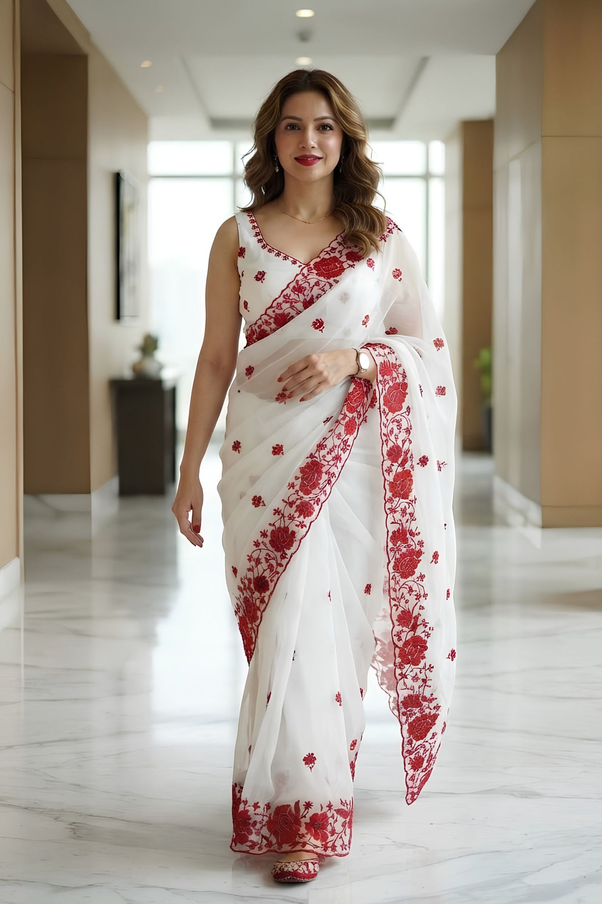 Elegant White Soft Georgette Saree with Red Floral Embroidery and Cutwork Border for Women