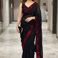 Stunning Black Soft Georgette Saree with Red Floral Embroidery and Cutwork Border for Women