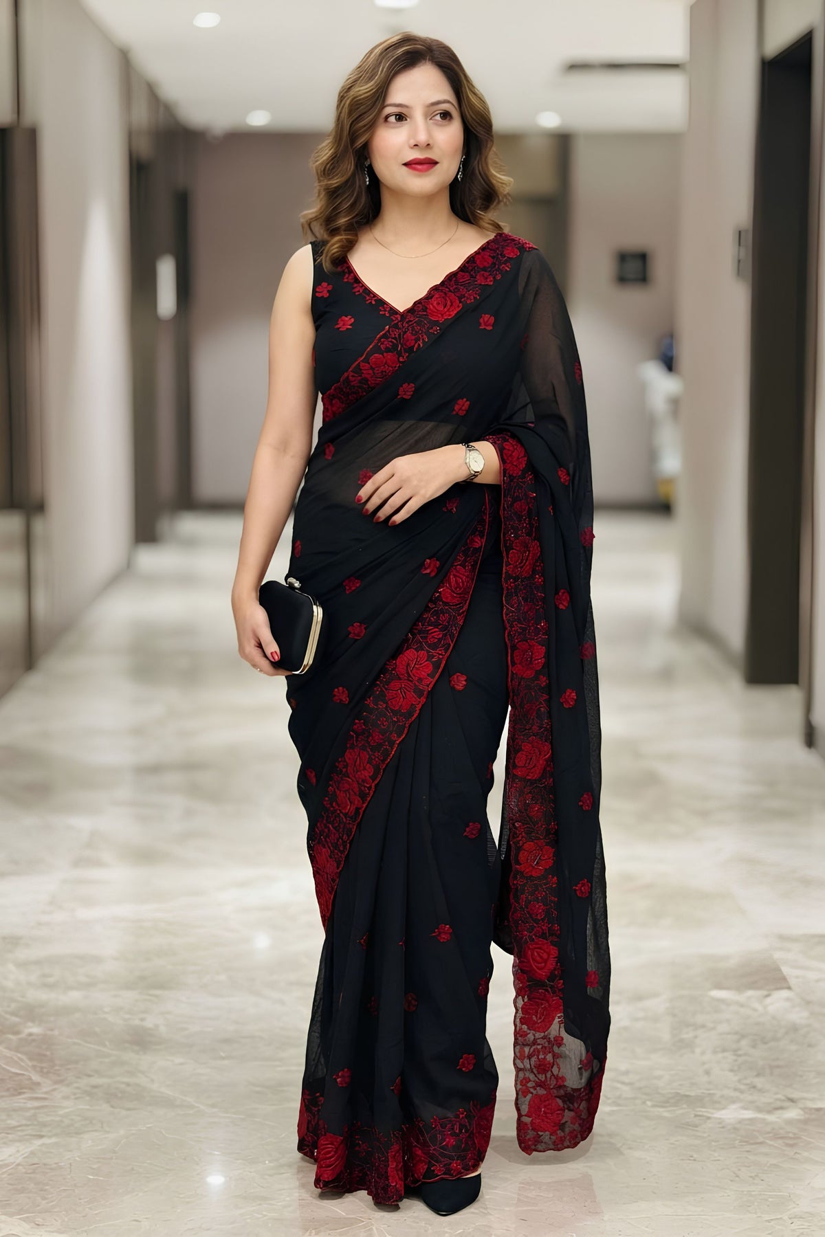 Stunning Black Soft Georgette Saree with Red Floral Embroidery and Cutwork Border for Women