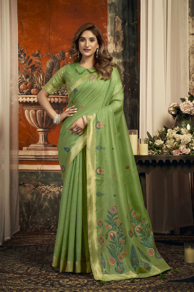 Exquisite Green Pure Cotton Woven Designer Saree with Floral Print and Zari Border for Women