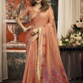 Radiant Peach Cotton Woven Saree with Floral Golden Zari Border for Women