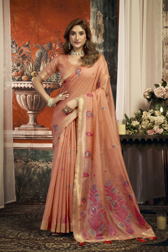 Radiant Peach Cotton Woven Saree with Floral Golden Zari Border for Women