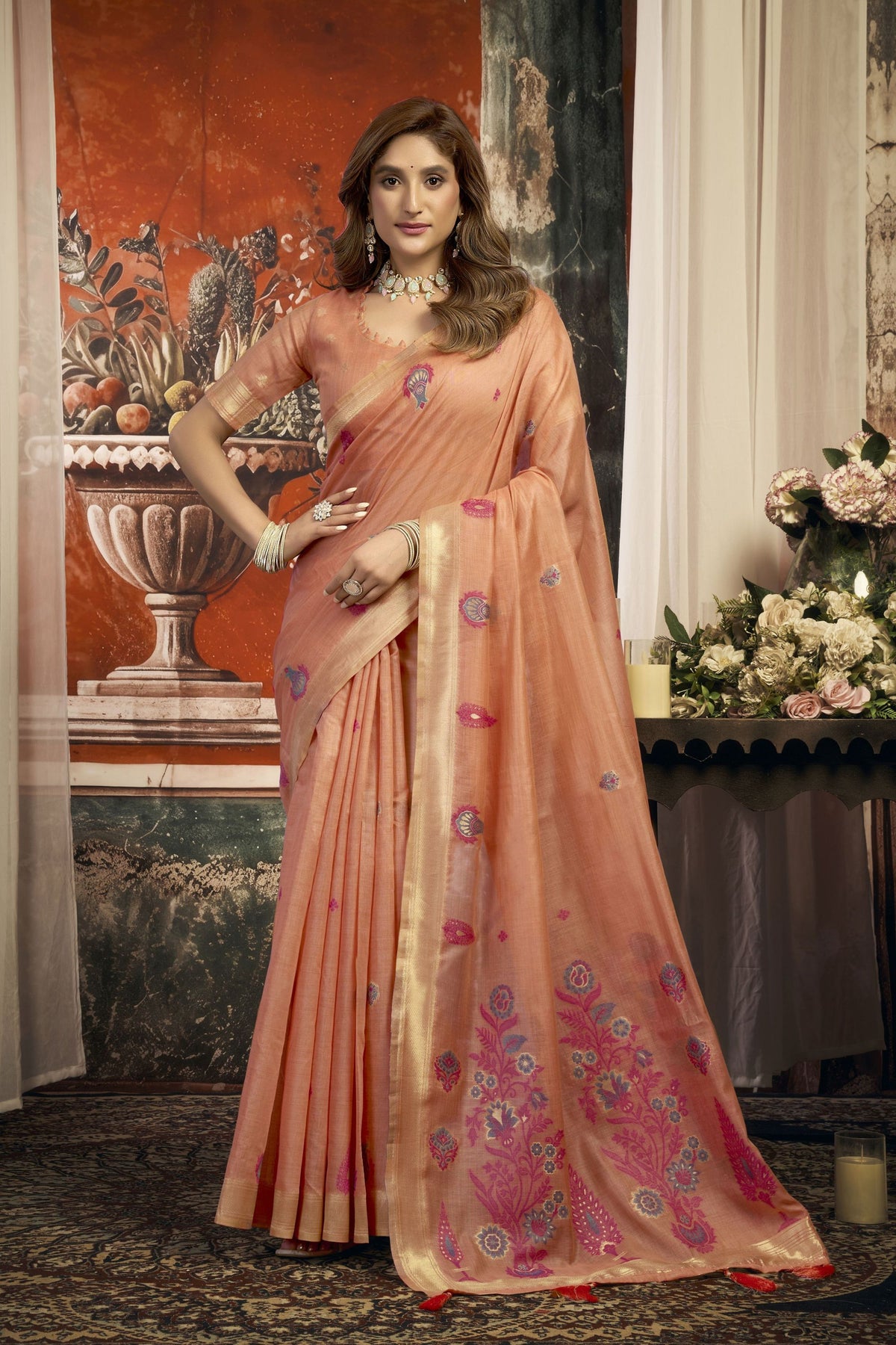 Radiant Peach Cotton Woven Saree with Floral Golden Zari Border for Women