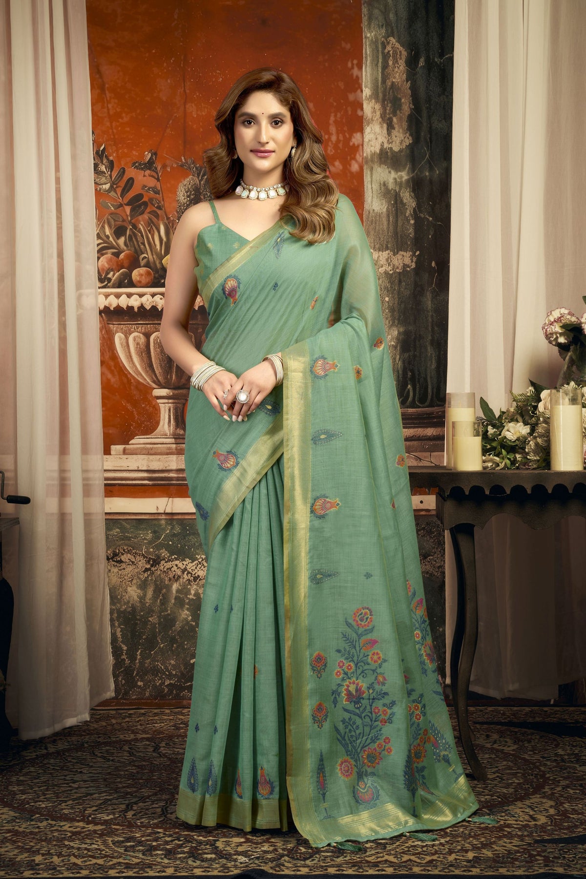 Refreshing Sage Green Pure Cotton Woven Designer Saree for Women