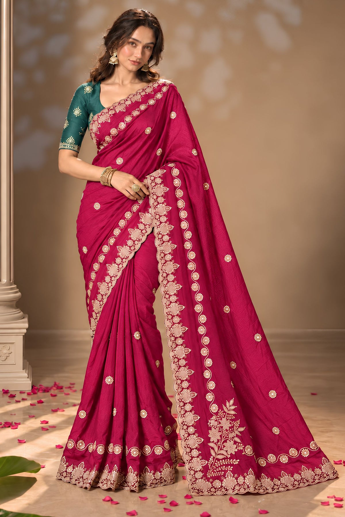 Exquisite Rani Pink Pure Chinon Silk Saree with Embroidery Work for Women