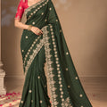 Elegant Dark Green Pure Chinon Silk Saree with Embroidery Work for Women