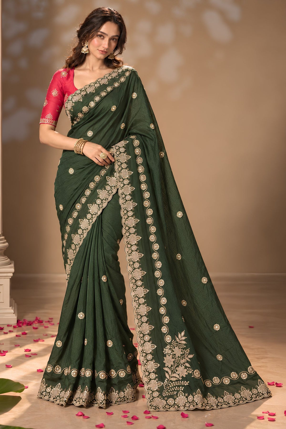 Elegant Dark Green Pure Chinon Silk Saree with Embroidery Work for Women