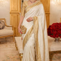 Exquisite Off-White Pure Kanjivaram Silk Saree Embroidery Work Lace Butta and Cut Work Border for Women