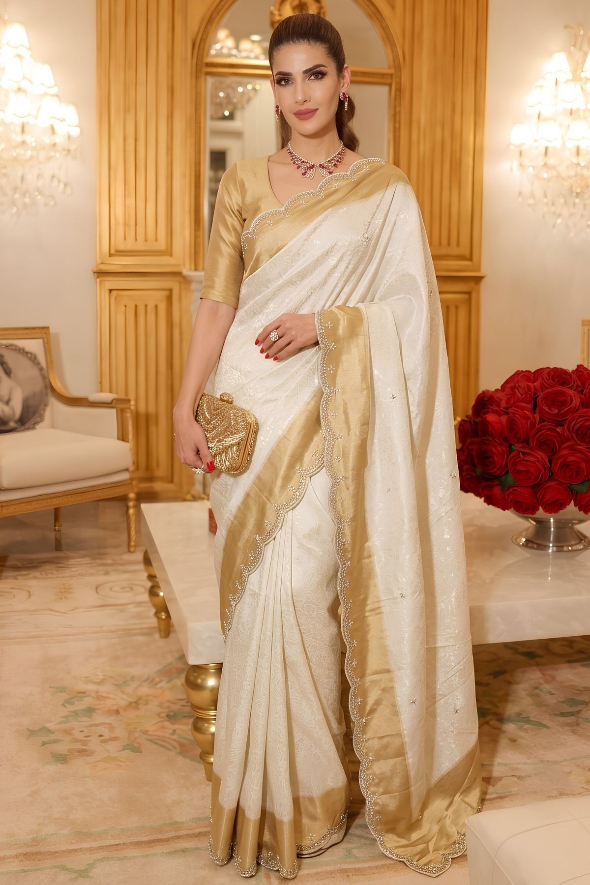 Exquisite Off-White Pure Kanjivaram Silk Saree Embroidery Work Lace Butta and Cut Work Border for Women