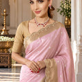 Beautiful Pink Pure Kanjivaram Silk Saree Embroidery Work Lace Border and Butta for Women