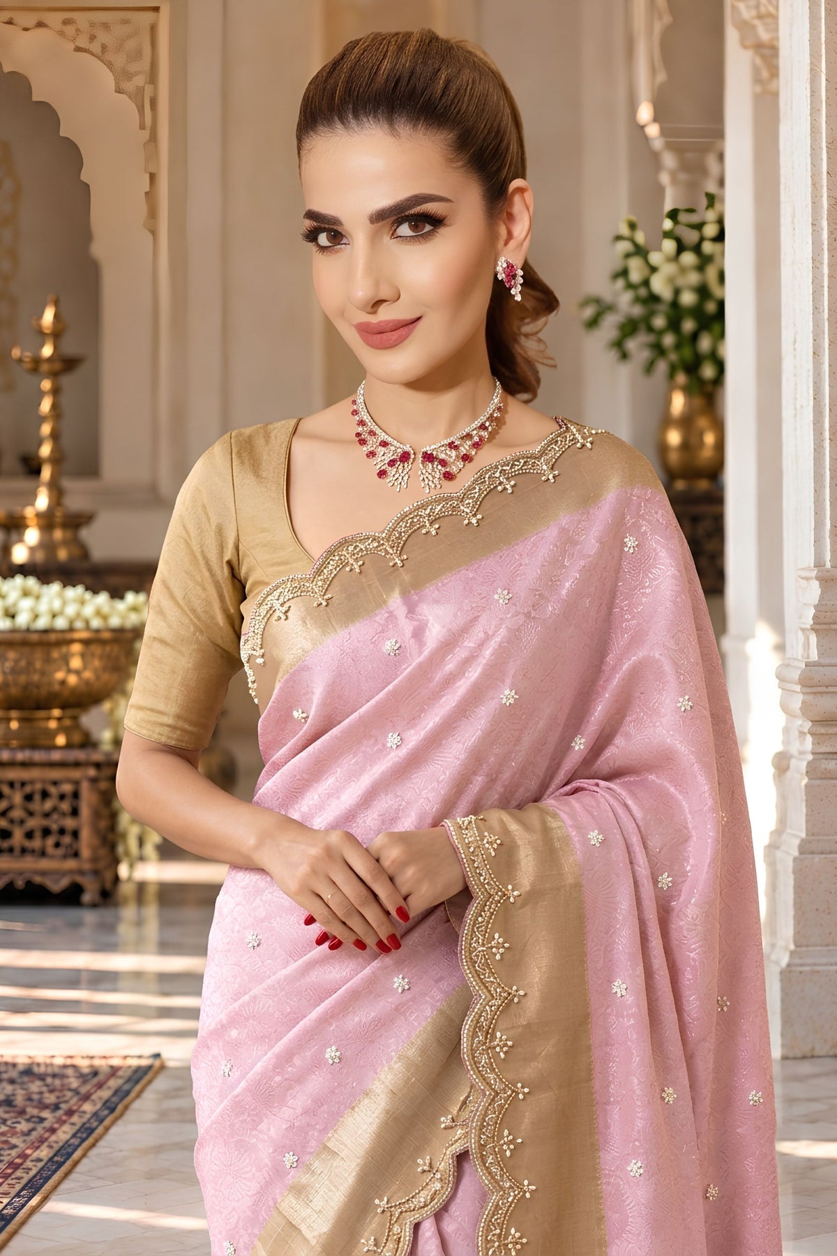 Beautiful Pink Pure Kanjivaram Silk Saree Embroidery Work Lace Border and Butta for Women