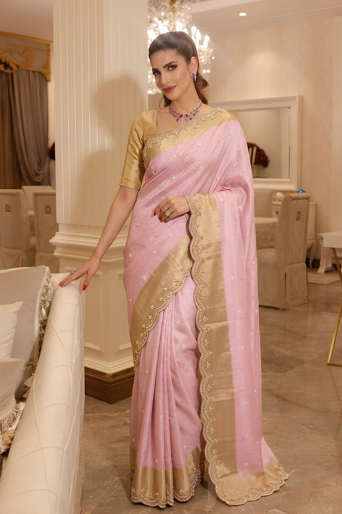 Beautiful Pink Pure Kanjivaram Silk Saree Embroidery Work Lace Border and Butta for Women
