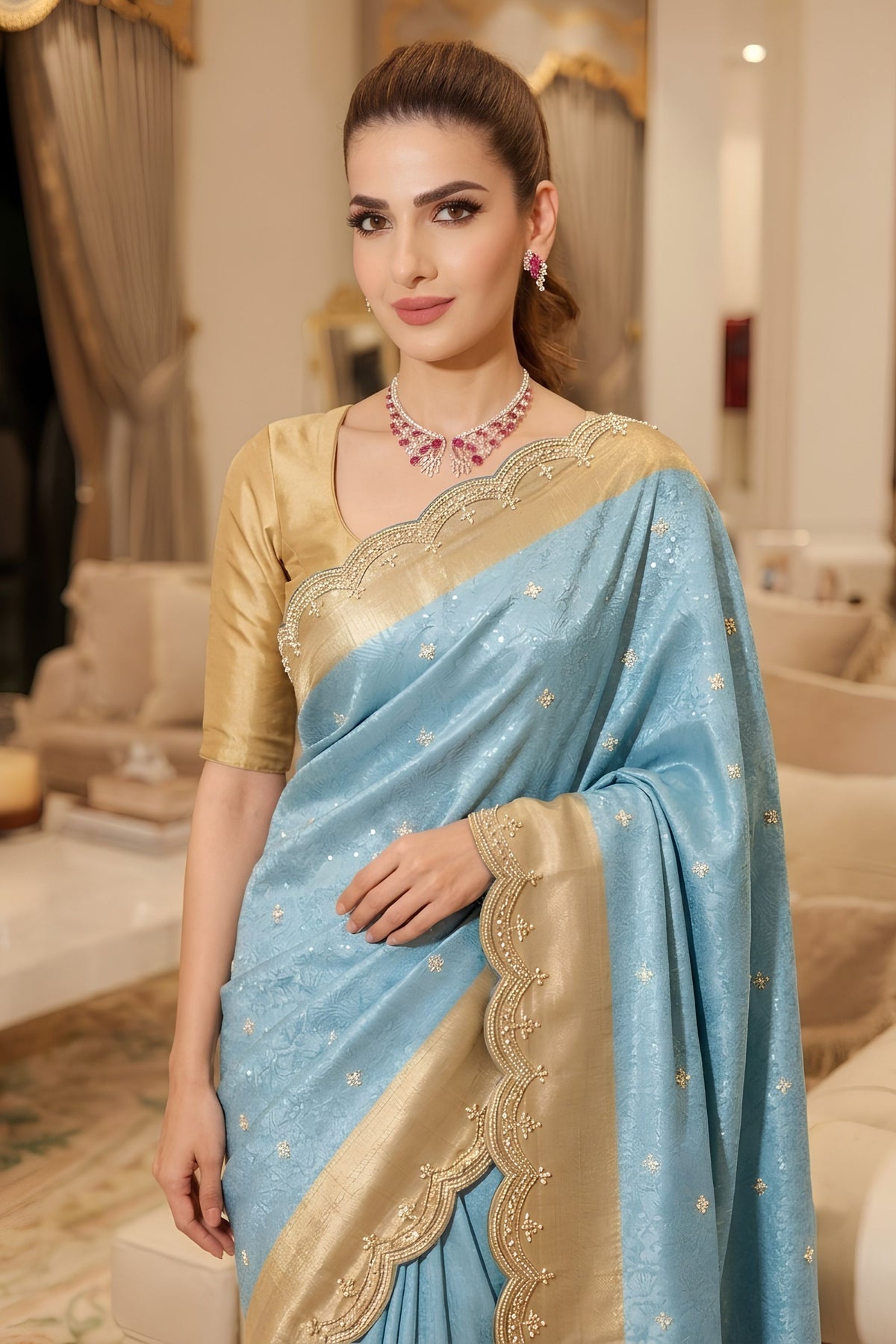 Elegant Ice Blue Pure Kanjivaram Silk Saree Embroidery Work for Women