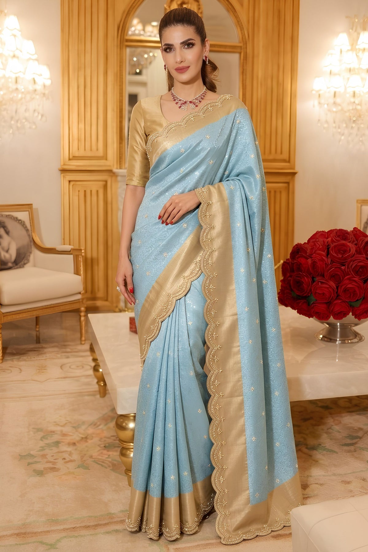 Elegant Ice Blue Pure Kanjivaram Silk Saree Embroidery Work for Women