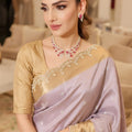 Exquisite Lavender Pure Kanjivaram Silk Saree Embroidery Work Lace Border for Women