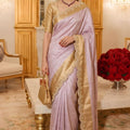 Exquisite Lavender Pure Kanjivaram Silk Saree Embroidery Work Lace Border for Women