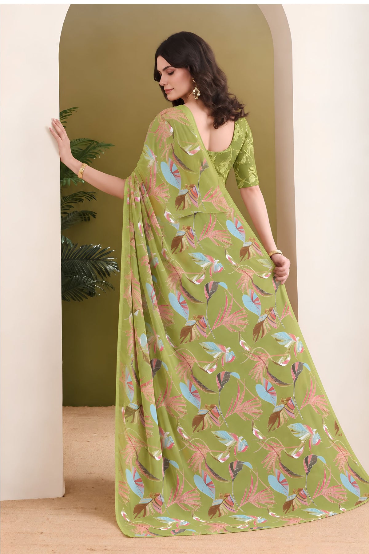 Graceful Olive Green Georgette Designer Printed Saree
