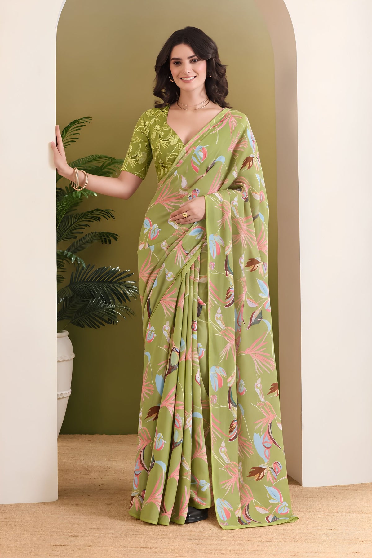 Graceful Olive Green Georgette Designer Printed Saree