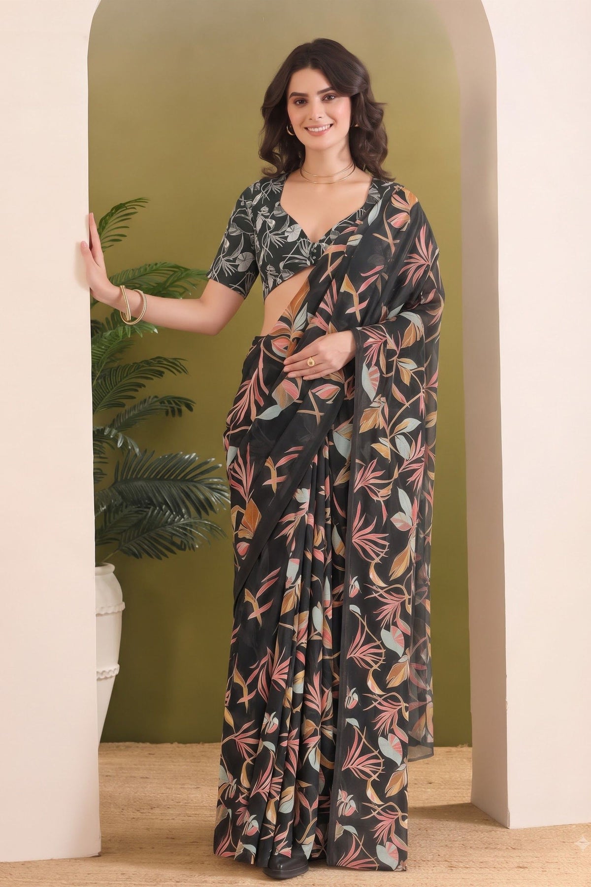 Stylish Black Georgette Designer Printed Saree