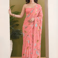 Charming Peach Pink Georgette Designer Printed Saree